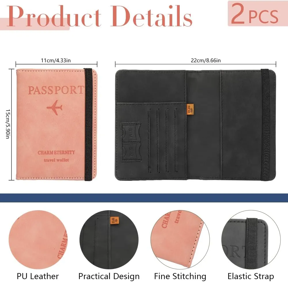 2 Pack PU Leather Passport Holder, RFID Blocking Passport Cover Case With Card Holder - Travel Must Haves for Women & Men