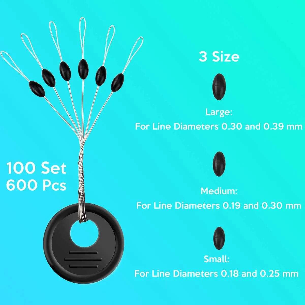 600 Pk Fishing Rubber Bobber Peg Sinker Stopper Black Oval Bead Eagle Claw Texas Rig Weight Floats Stops Durability Flipping Terminal Tackle Accessories for Saltwater Freshwater 3 Size