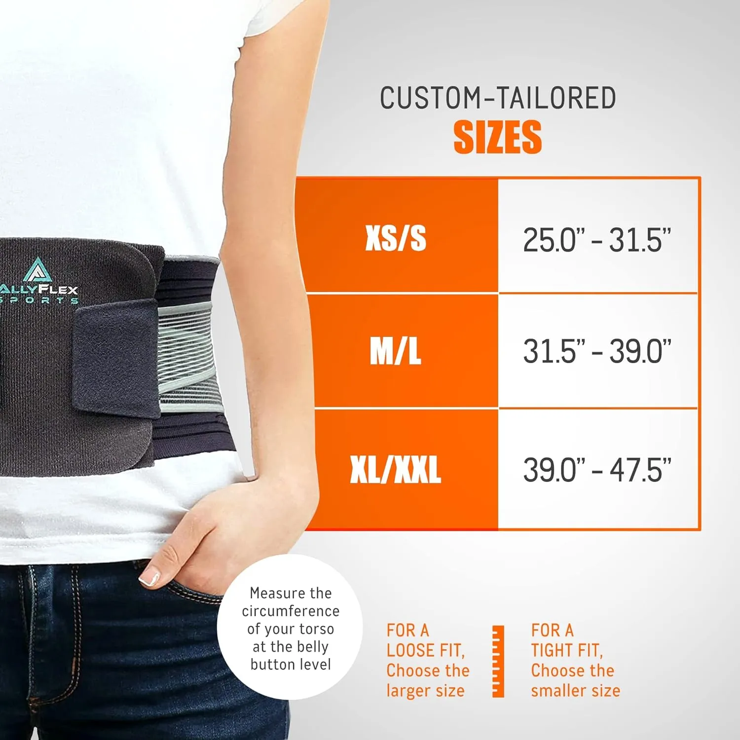 AllyFlex Sports - Lumbar Support Belt for Women for Back Pain, Slim-Fit Back Brace for Men, Breathable Compression Back Support Brace, 41.5 inches, Medium/Large