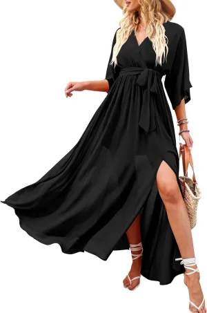 ANRABESS Womens Summer Loose Boho Flowy Wrap V Neck 3/4 Sleeve Floral Print Slit Beach Wedding Guest Long Maxi Dresses