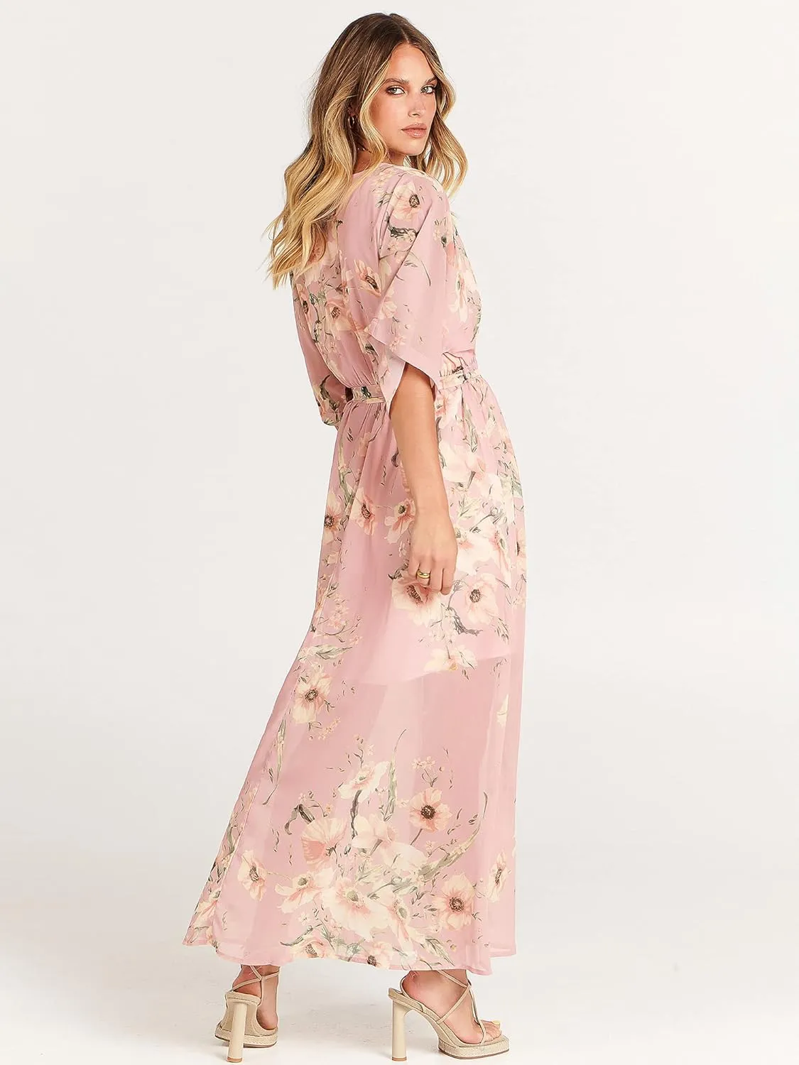 ANRABESS Womens Summer Loose Boho Flowy Wrap V Neck 3/4 Sleeve Floral Print Slit Beach Wedding Guest Long Maxi Dresses