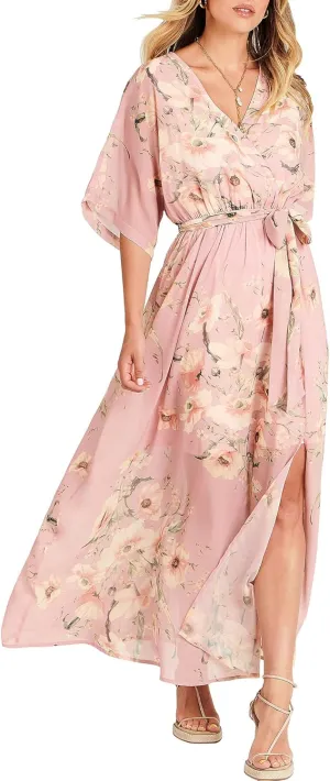 ANRABESS Womens Summer Loose Boho Flowy Wrap V Neck 3/4 Sleeve Floral Print Slit Beach Wedding Guest Long Maxi Dresses