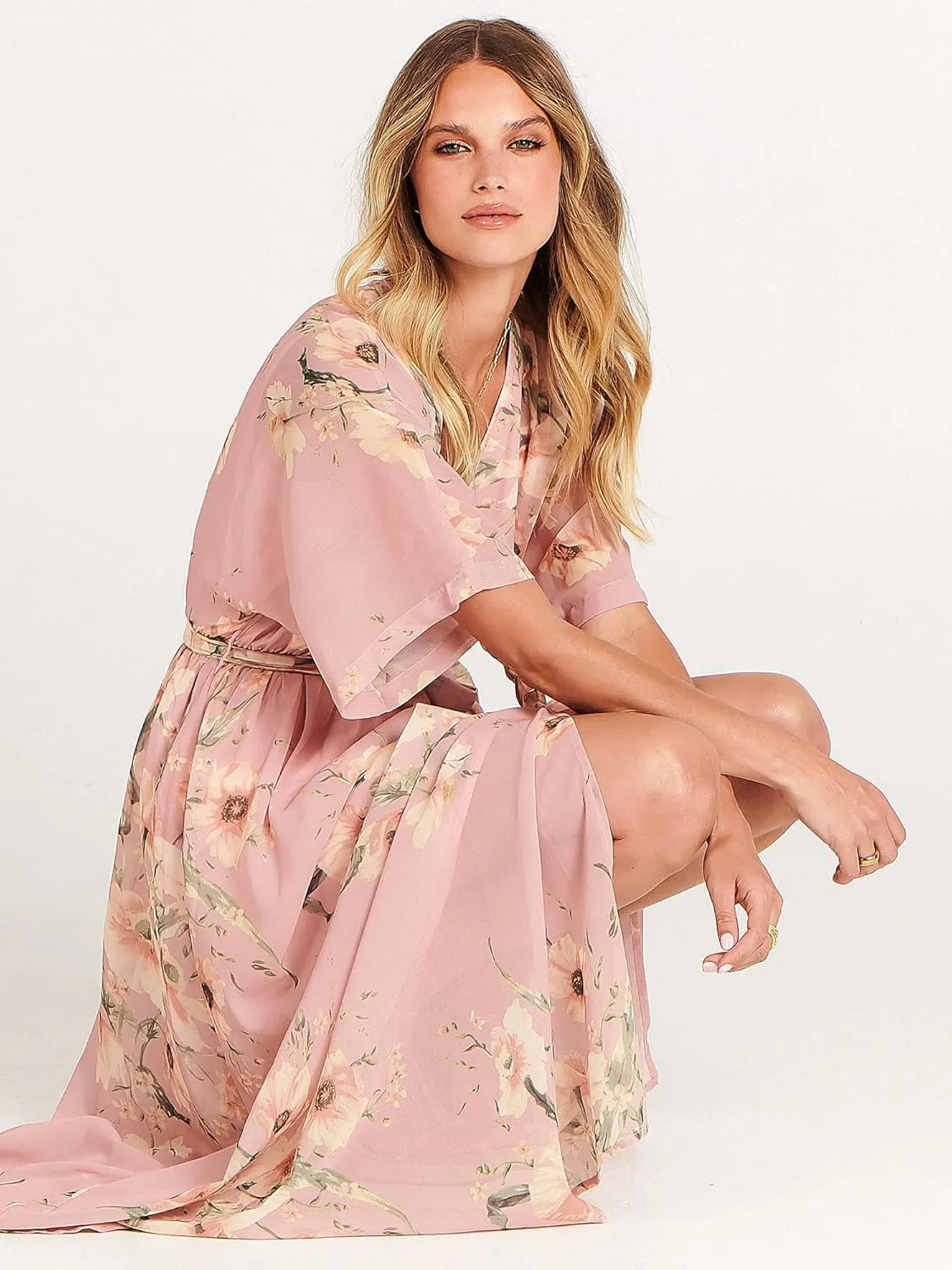 ANRABESS Womens Summer Loose Boho Flowy Wrap V Neck 3/4 Sleeve Floral Print Slit Beach Wedding Guest Long Maxi Dresses