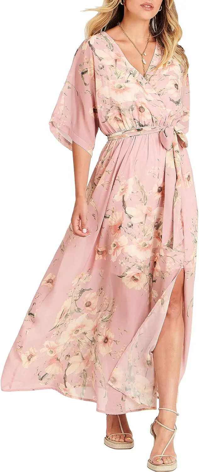 ANRABESS Womens Summer Loose Boho Flowy Wrap V Neck 3/4 Sleeve Floral Print Slit Beach Wedding Guest Long Maxi Dresses
