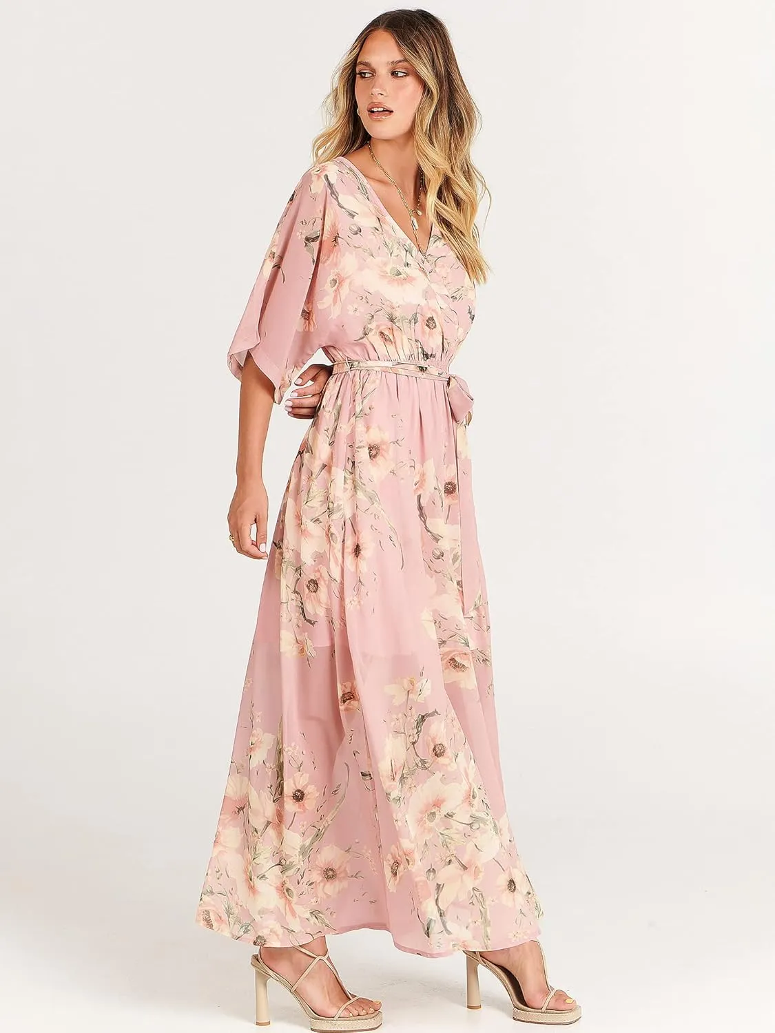 ANRABESS Womens Summer Loose Boho Flowy Wrap V Neck 3/4 Sleeve Floral Print Slit Beach Wedding Guest Long Maxi Dresses