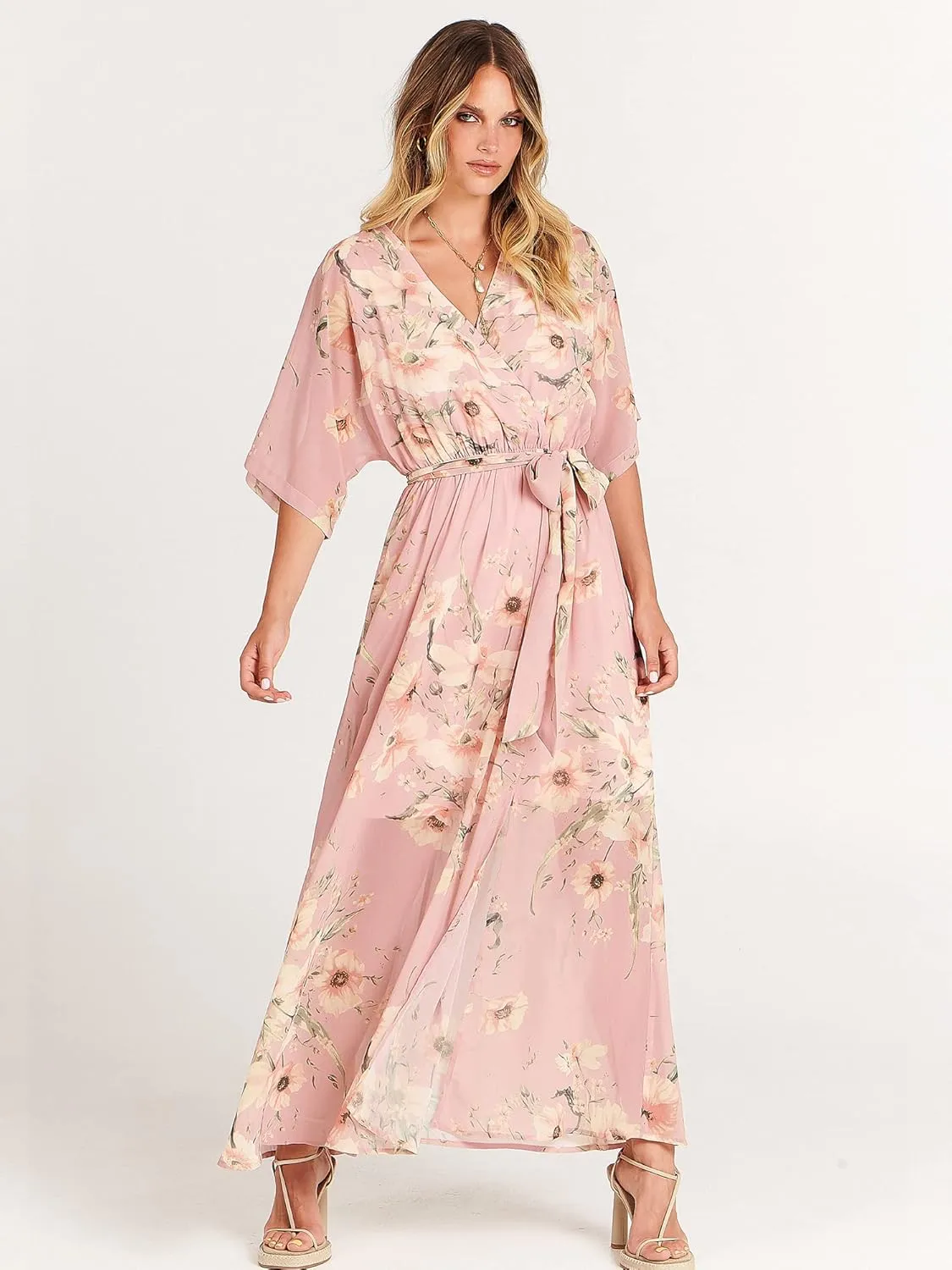 ANRABESS Womens Summer Loose Boho Flowy Wrap V Neck 3/4 Sleeve Floral Print Slit Beach Wedding Guest Long Maxi Dresses