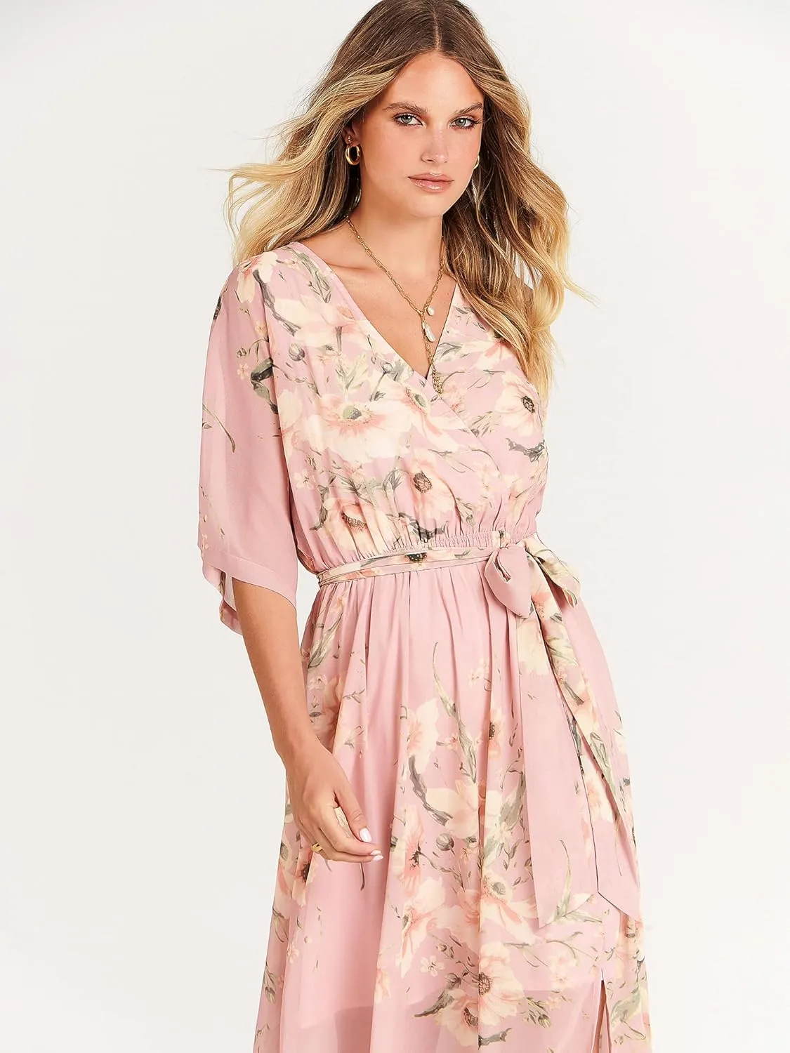ANRABESS Womens Summer Loose Boho Flowy Wrap V Neck 3/4 Sleeve Floral Print Slit Beach Wedding Guest Long Maxi Dresses