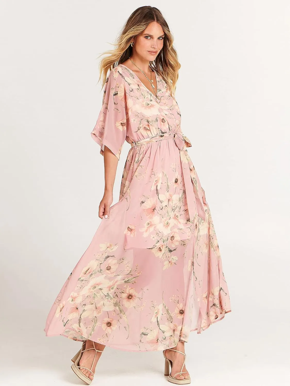 ANRABESS Womens Summer Loose Boho Flowy Wrap V Neck 3/4 Sleeve Floral Print Slit Beach Wedding Guest Long Maxi Dresses