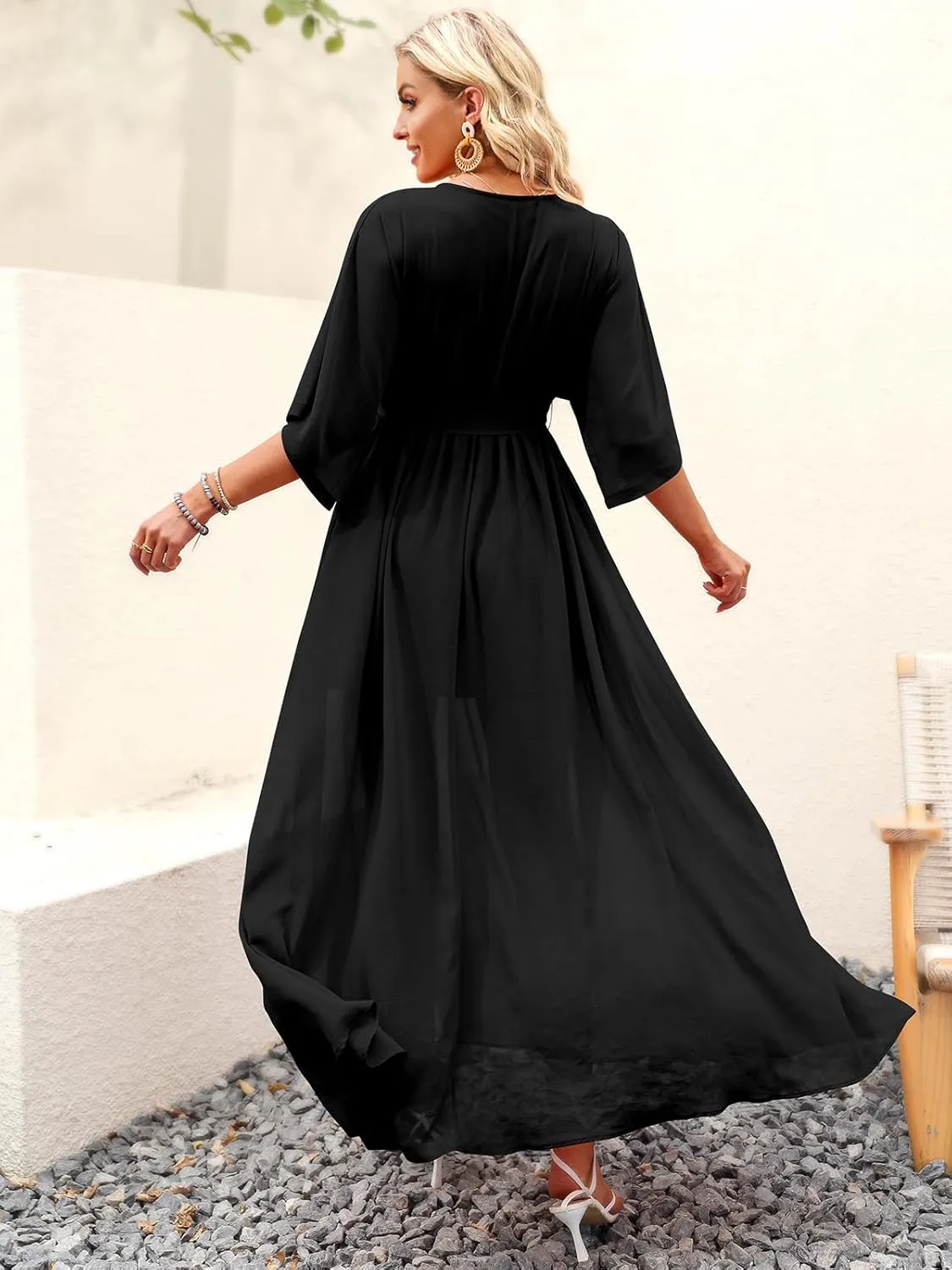 ANRABESS Womens Summer Loose Boho Flowy Wrap V Neck 3/4 Sleeve Floral Print Slit Beach Wedding Guest Long Maxi Dresses