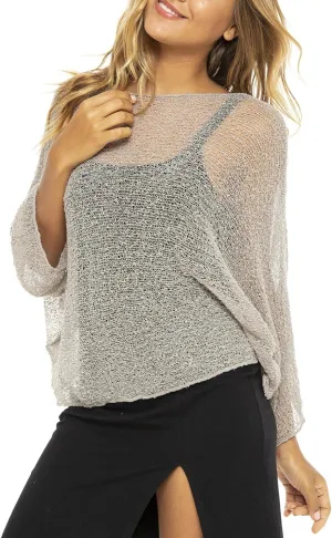 Back From Bali Womens Sheer Shrug Dressy Poncho Top Lightweight Mesh Knit Sweater Dolman Sleeves