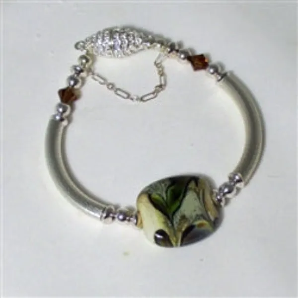 Beige and Brown Artisan Bead Silver Bangle Bracelet