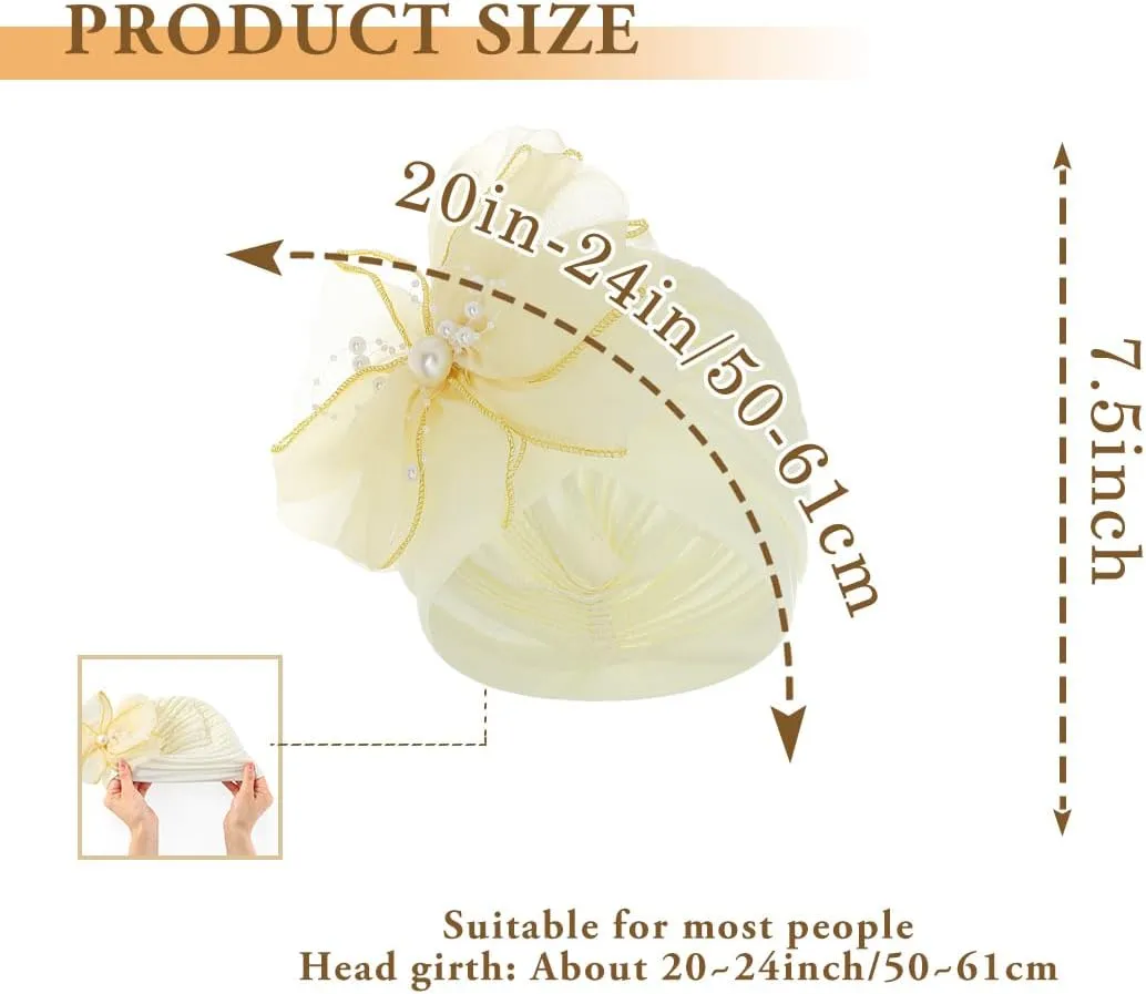Bohend Big Flower Knotted Headwrap Cap Pearl Beads Pre Tied Turbans Beanie Bow Knot Bonnet Ruffle Stretch Headscarf Hat Women