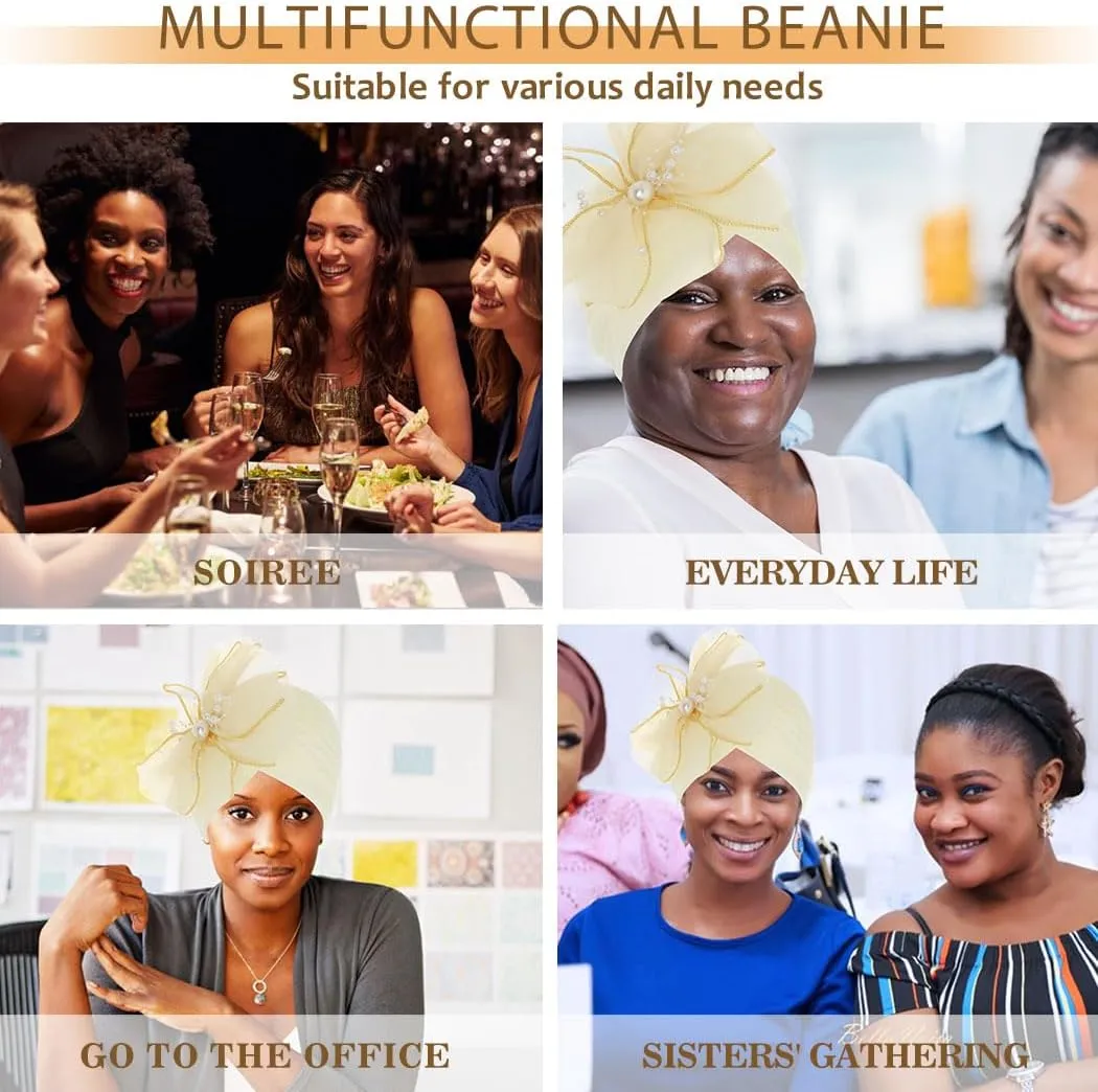 Bohend Big Flower Knotted Headwrap Cap Pearl Beads Pre Tied Turbans Beanie Bow Knot Bonnet Ruffle Stretch Headscarf Hat Women