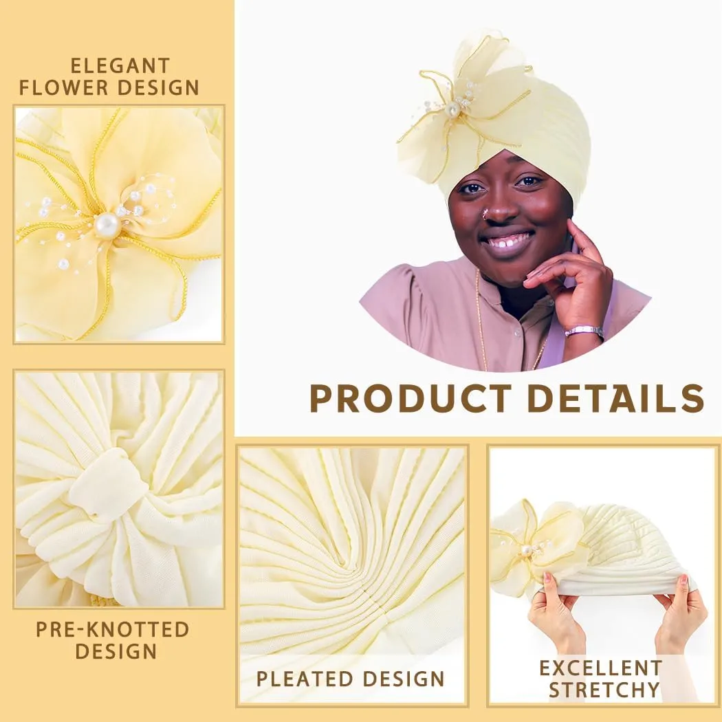 Bohend Big Flower Knotted Headwrap Cap Pearl Beads Pre Tied Turbans Beanie Bow Knot Bonnet Ruffle Stretch Headscarf Hat Women