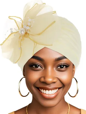 Bohend Big Flower Knotted Headwrap Cap Pearl Beads Pre Tied Turbans Beanie Bow Knot Bonnet Ruffle Stretch Headscarf Hat Women