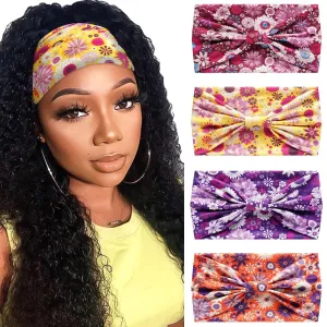 Boho Wide Headbands for Women Floral Print Twisted Womens Hair Bands Thick Elastic Non-Slip Head Bands for Women's Hair Yoga Makeup Exercise African Hair Wraps Accessories 4 Pack
