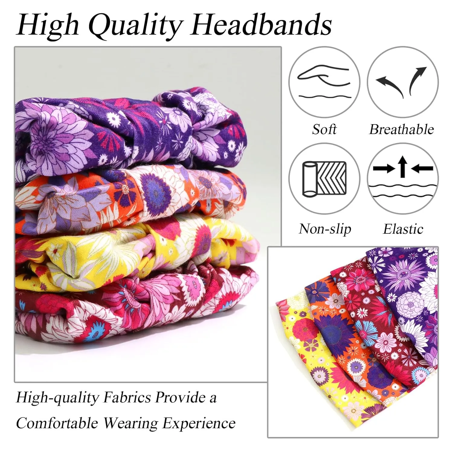 Boho Wide Headbands for Women Floral Print Twisted Womens Hair Bands Thick Elastic Non-Slip Head Bands for Women's Hair Yoga Makeup Exercise African Hair Wraps Accessories 4 Pack