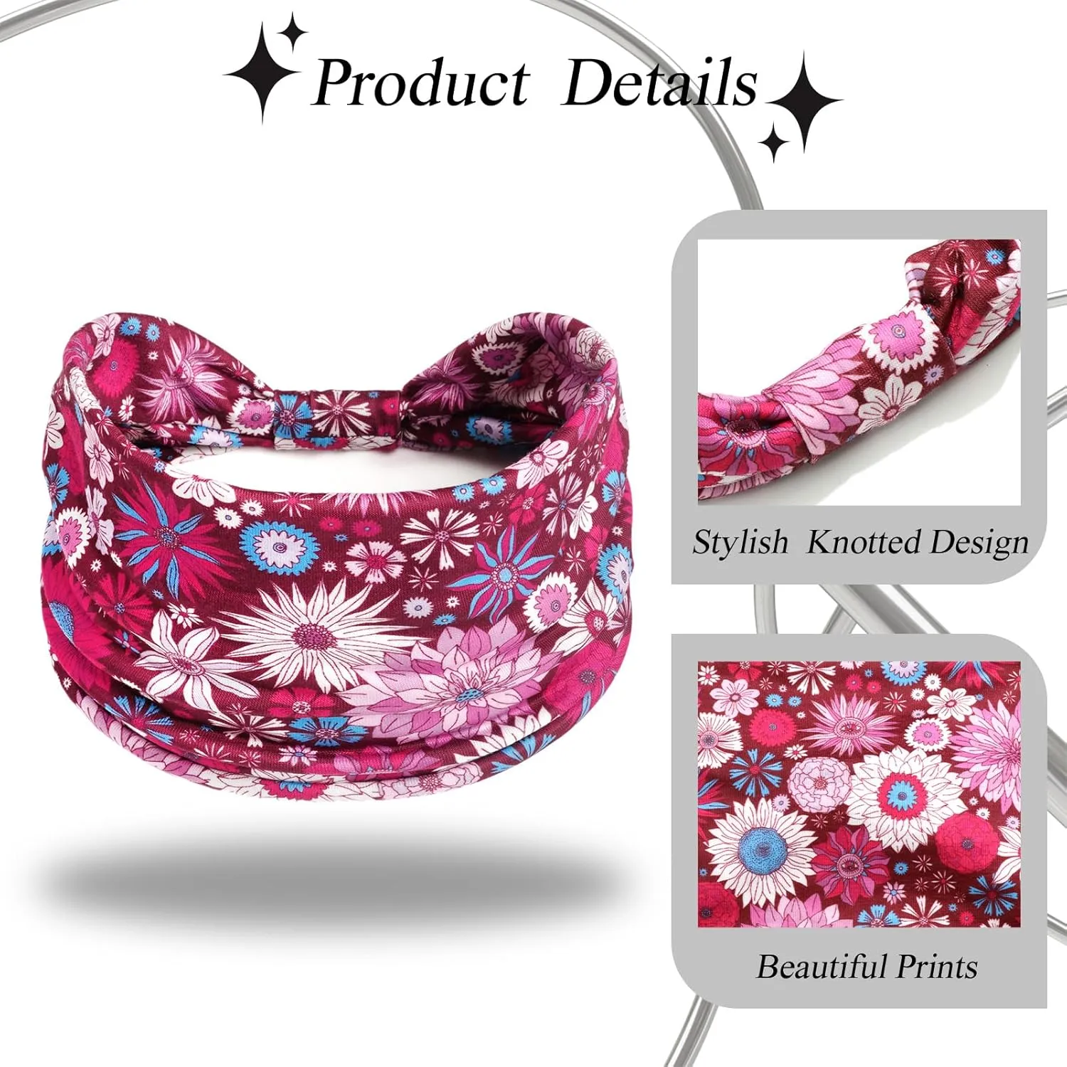 Boho Wide Headbands for Women Floral Print Twisted Womens Hair Bands Thick Elastic Non-Slip Head Bands for Women's Hair Yoga Makeup Exercise African Hair Wraps Accessories 4 Pack
