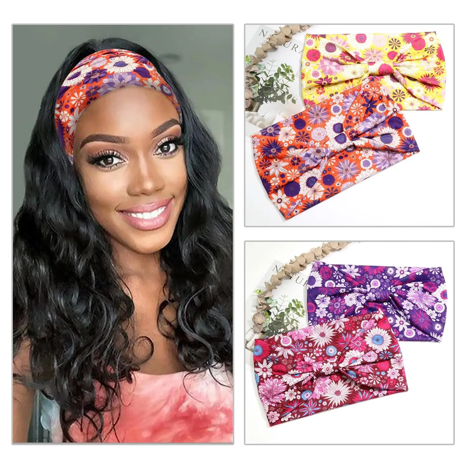 Boho Wide Headbands for Women Floral Print Twisted Womens Hair Bands Thick Elastic Non-Slip Head Bands for Women's Hair Yoga Makeup Exercise African Hair Wraps Accessories 4 Pack