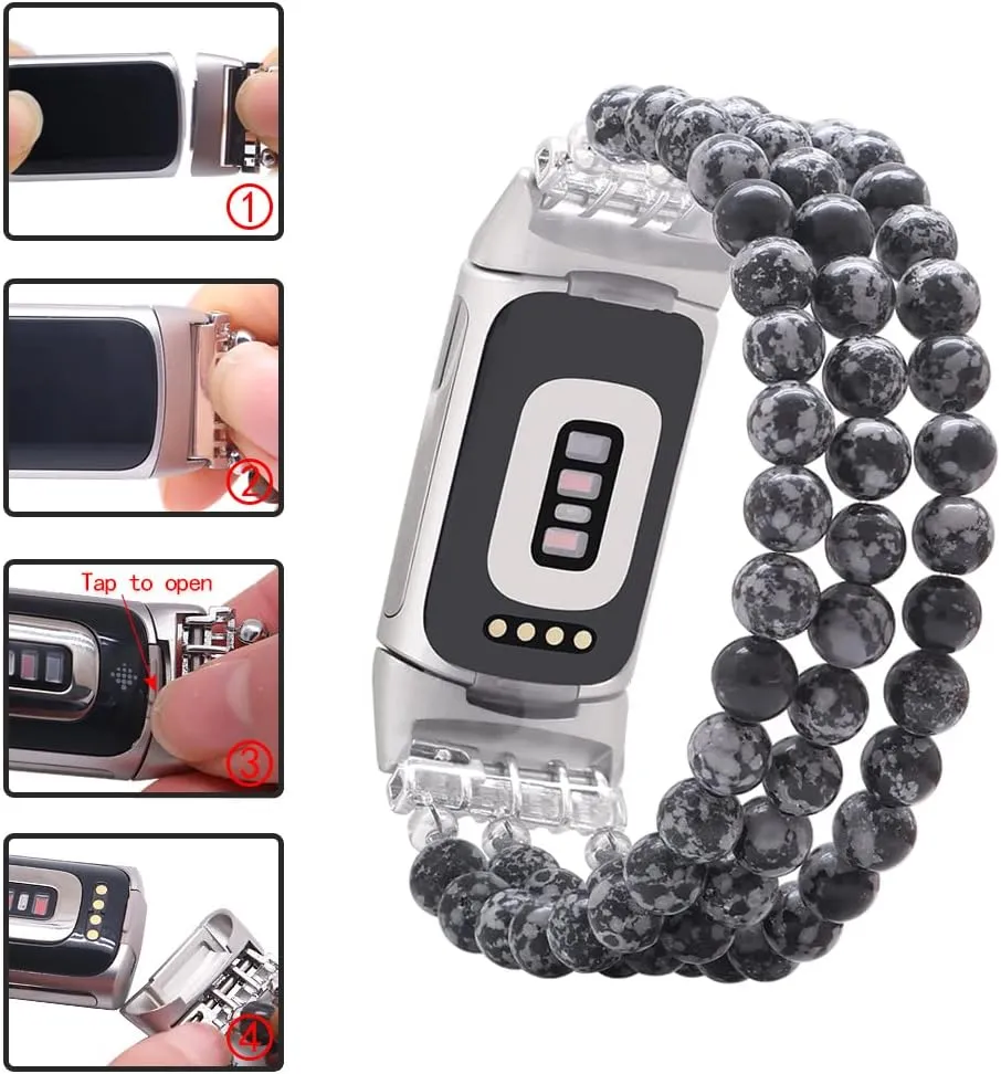 C&L Accessories Compatible with Fitbit Charge 6/5 Natural Gemstone Beaded Handmade Adjustable Bracelet Replacement Band for Women