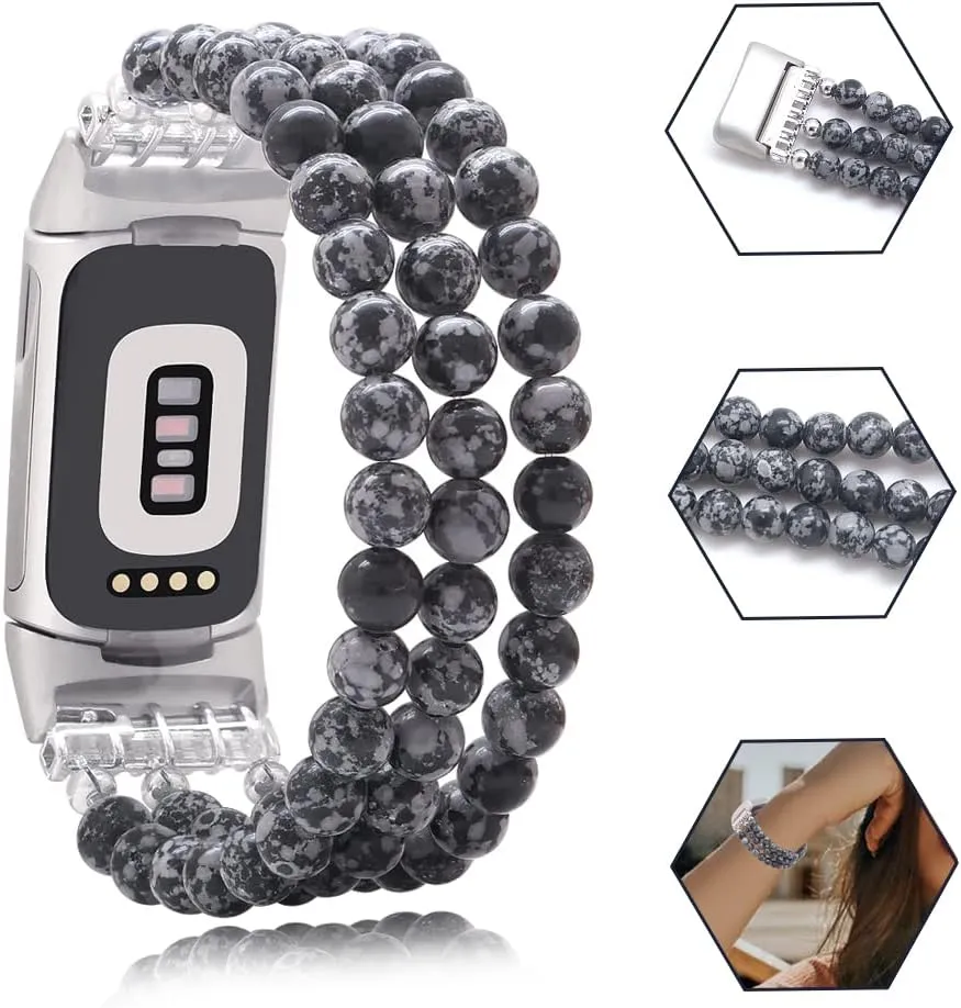 C&L Accessories Compatible with Fitbit Charge 6/5 Natural Gemstone Beaded Handmade Adjustable Bracelet Replacement Band for Women