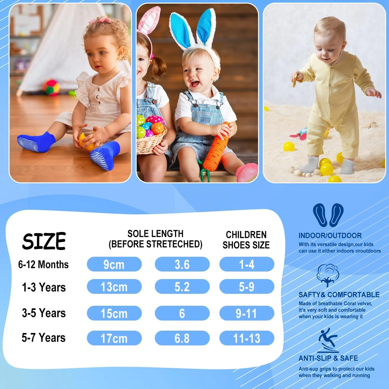 ELUTONG Non Slip Toddler Socks 12 Pairs Ankle Socks with Grips for 0-7 Years Toddlers Baby Infant Kids Girls Boys