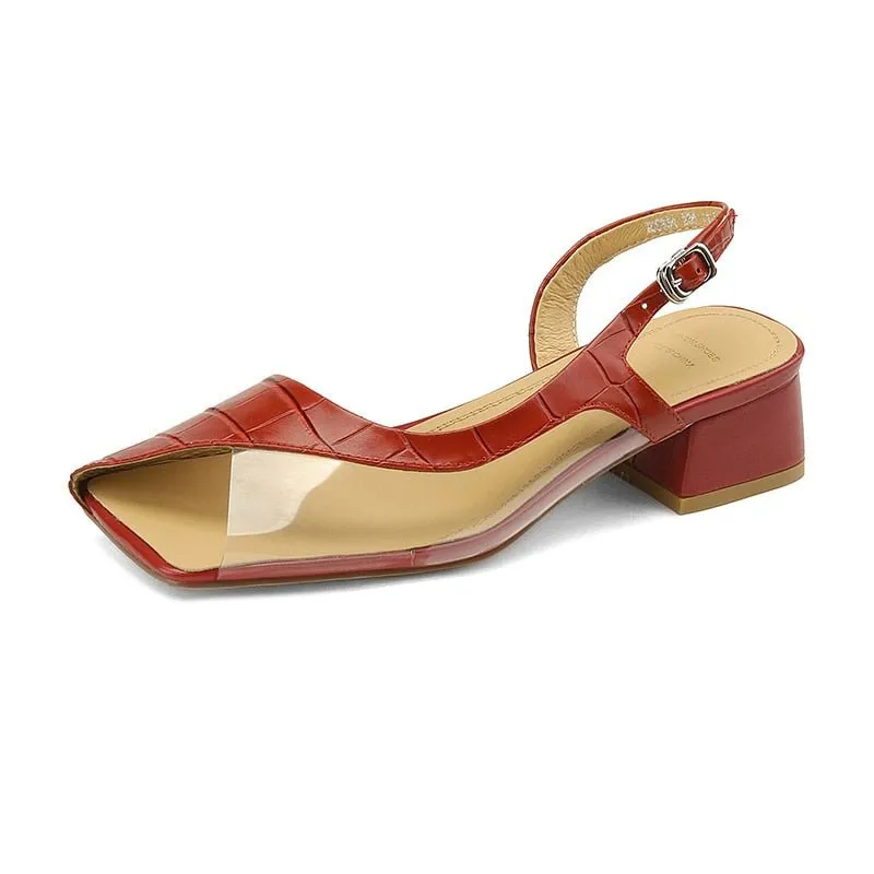 Embossed Cowhide Modern Minimalist Square Heel Sandals