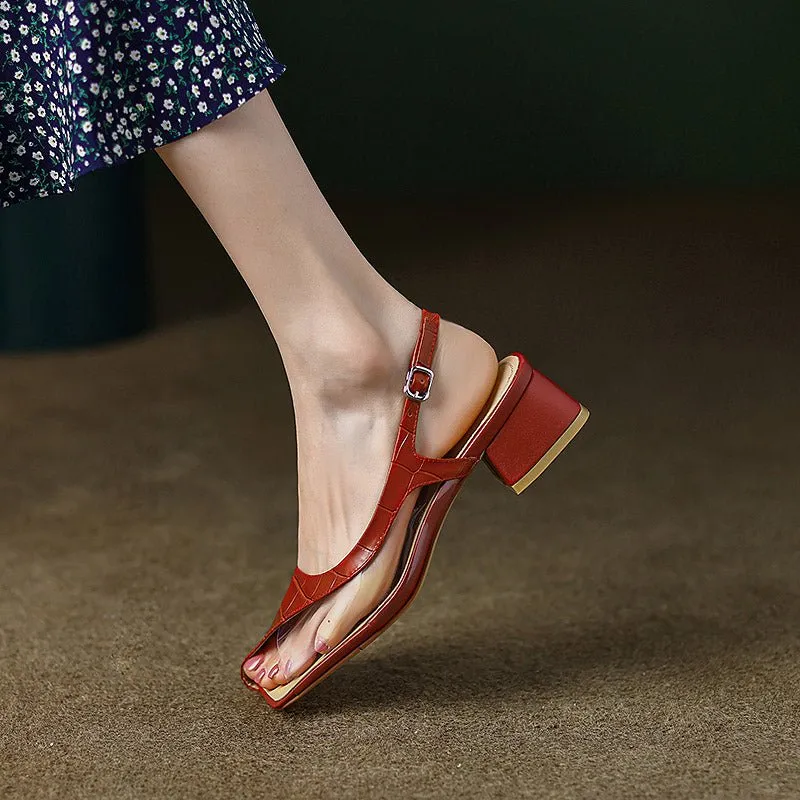 Embossed Cowhide Modern Minimalist Square Heel Sandals