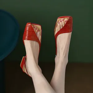 Embossed Cowhide Modern Minimalist Square Heel Sandals