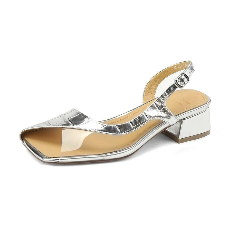 Embossed Cowhide Modern Minimalist Square Heel Sandals