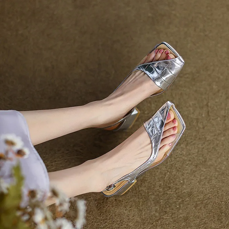 Embossed Cowhide Modern Minimalist Square Heel Sandals