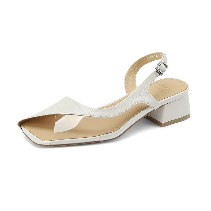 Embossed Cowhide Modern Minimalist Square Heel Sandals