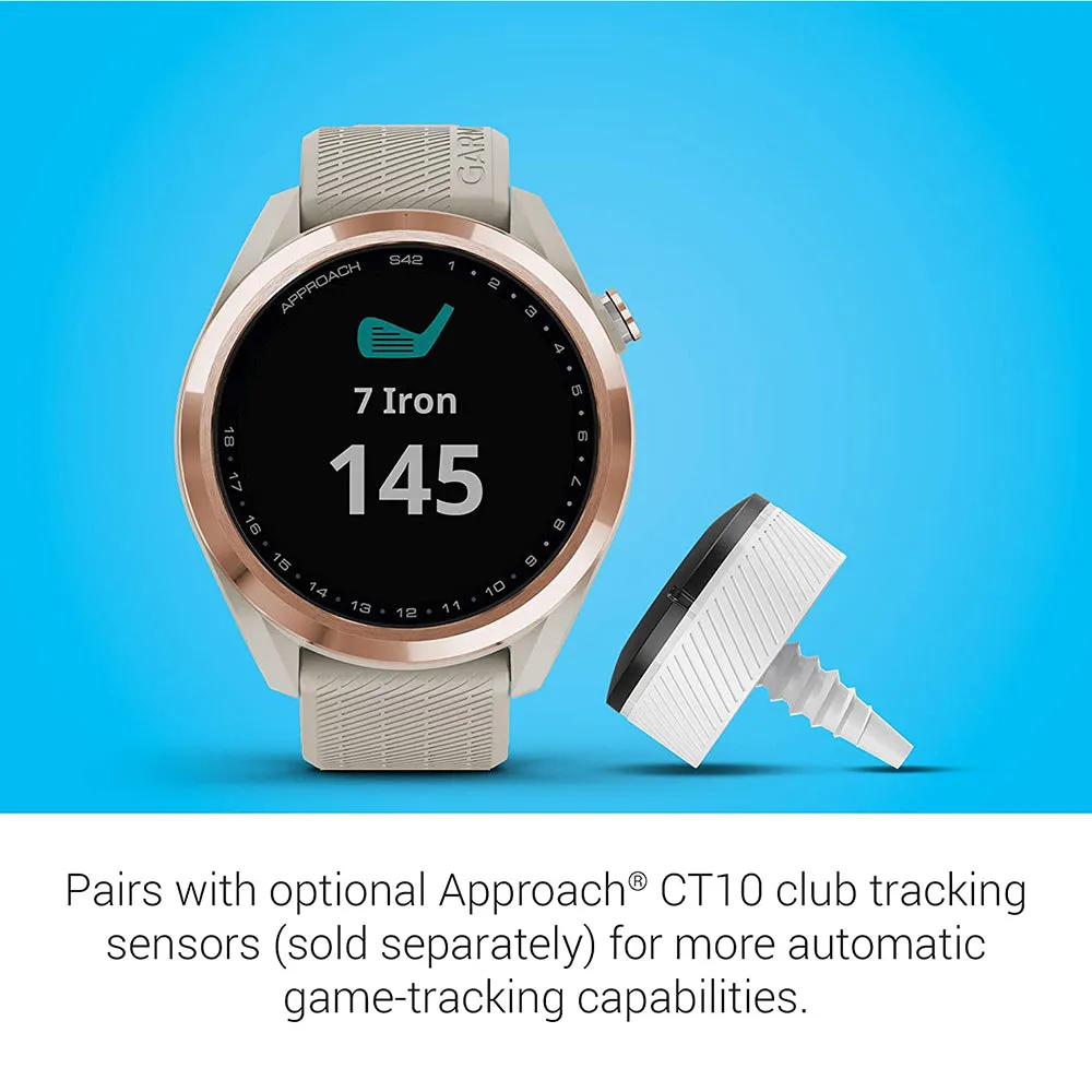 Garmin Approach S42 Touchscreen Lightweight Rose Gold Ceramic Bezel Tan Silicone Band GPS Golf Smartwatch - 010-02572-12