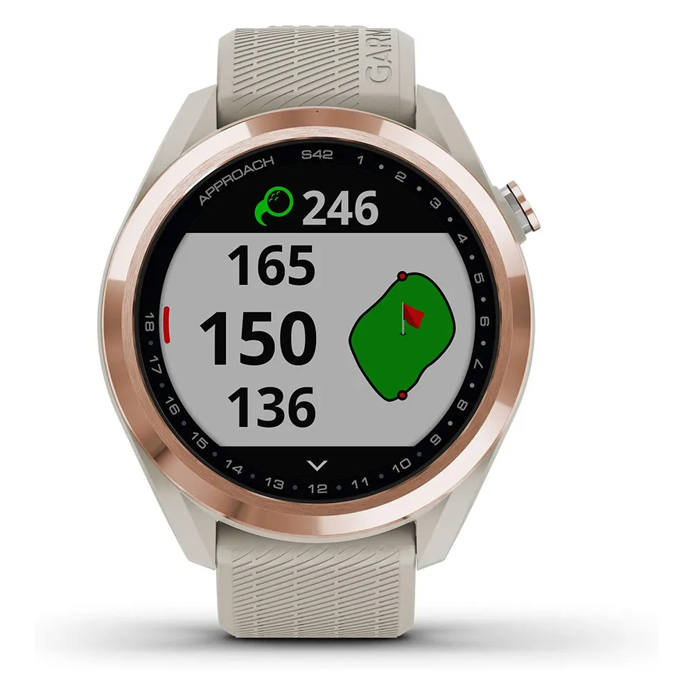 Garmin Approach S42 Touchscreen Lightweight Rose Gold Ceramic Bezel Tan Silicone Band GPS Golf Smartwatch - 010-02572-12