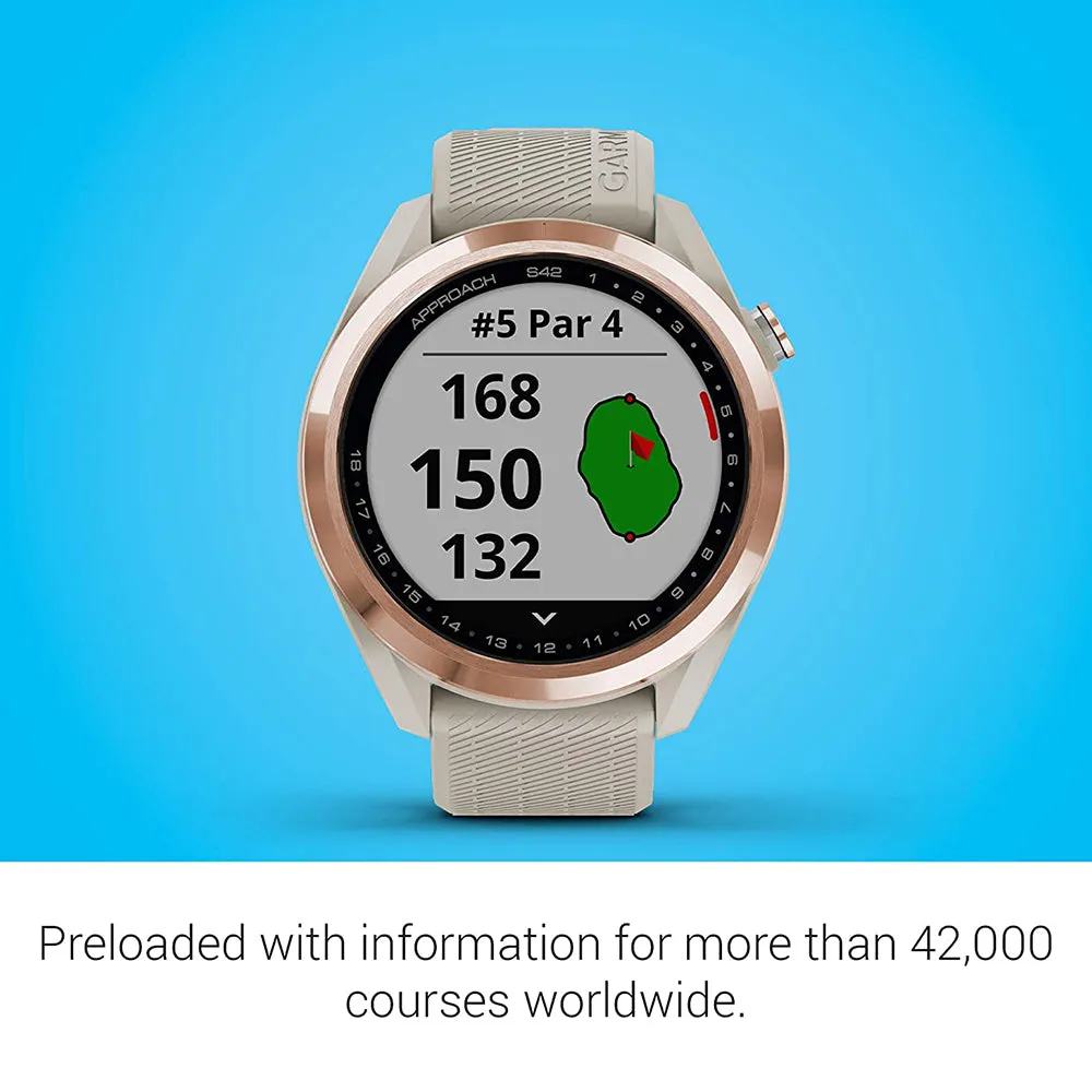 Garmin Approach S42 Touchscreen Lightweight Rose Gold Ceramic Bezel Tan Silicone Band GPS Golf Smartwatch - 010-02572-12