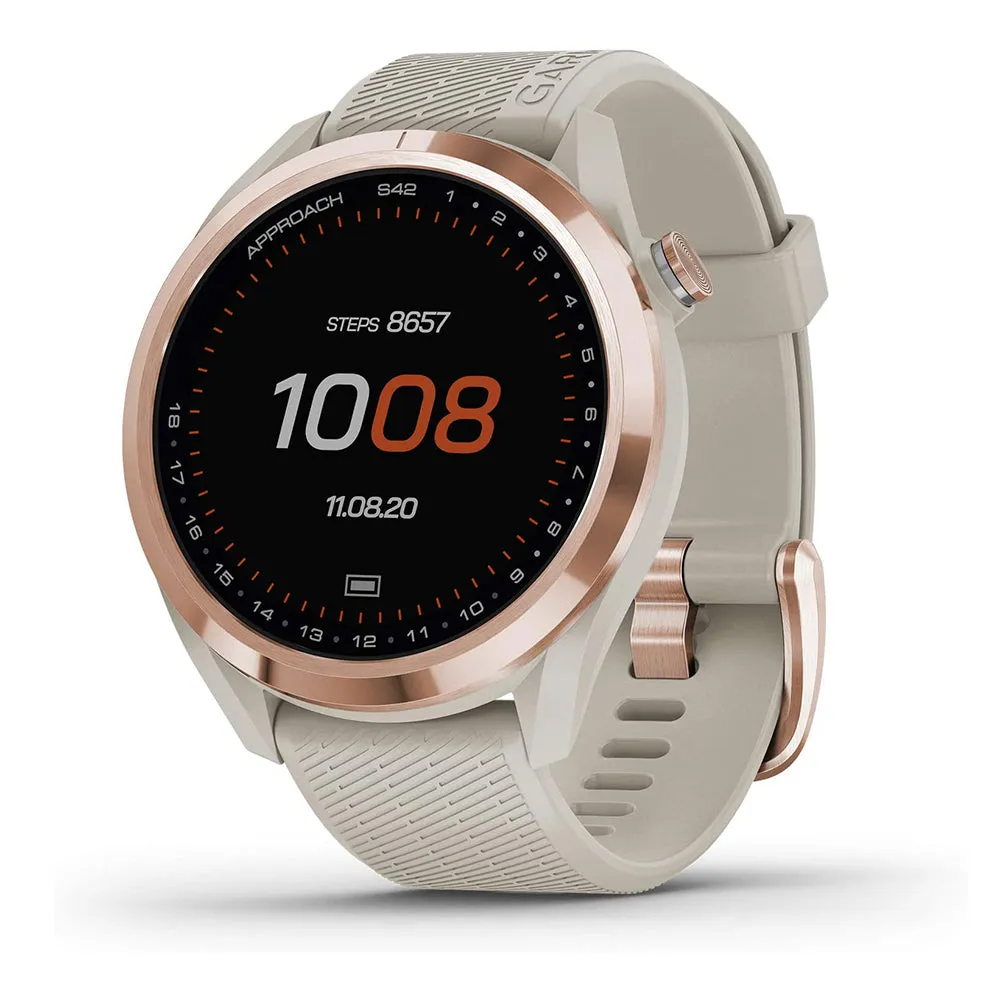 Garmin Approach S42 Touchscreen Lightweight Rose Gold Ceramic Bezel Tan Silicone Band GPS Golf Smartwatch - 010-02572-12