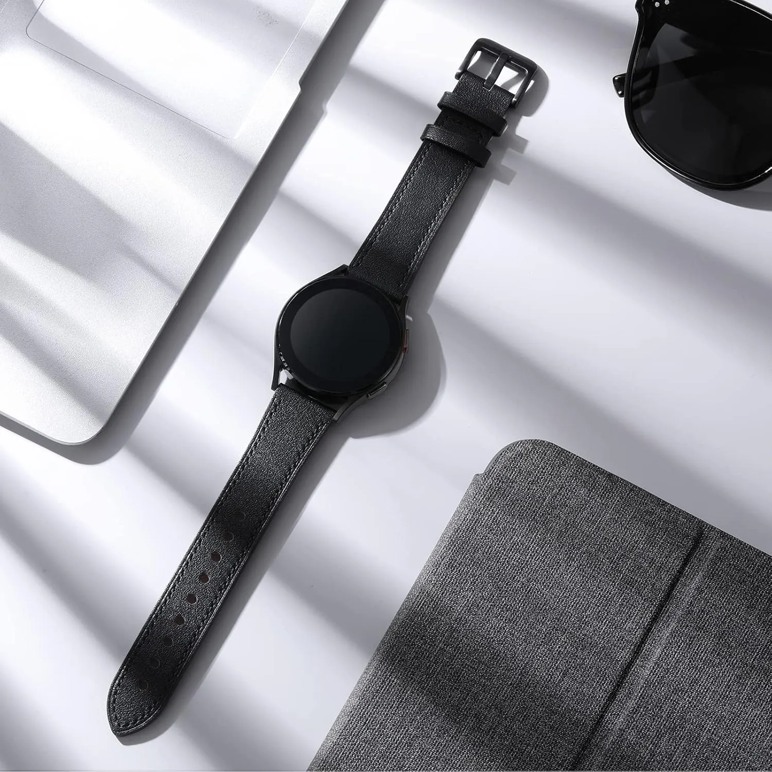 GEAK Leather Band Compatible with Samsung Galaxy Watch 7 Band/Watch 6 5 4 44mm 40mm/Watch 4 Classic 46mm 42mm/Watch 5 Pro 45mm, 20mm Watch Band for Women Men, Black