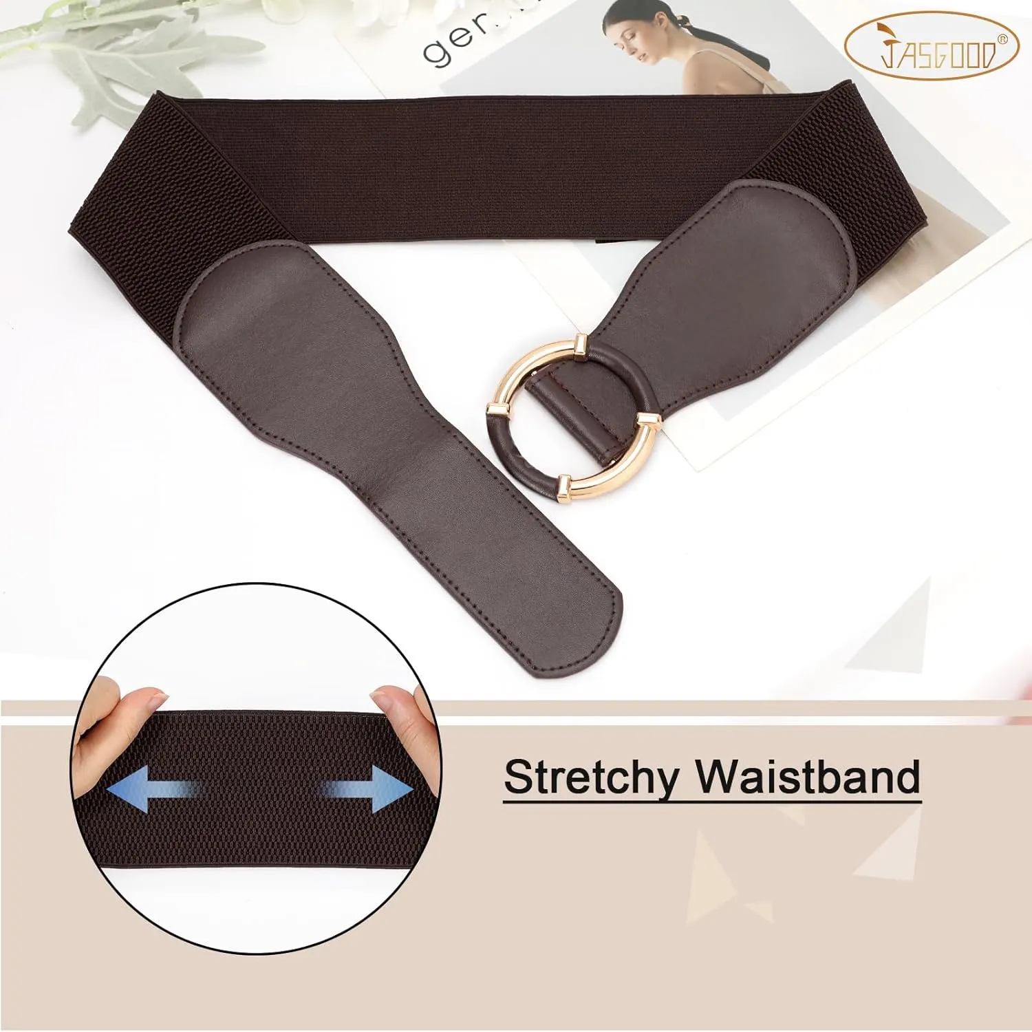 JASGOOD Women Wide Waist Belt Stretchy Elastic Vintage Belts for Dress Ladies Belt with Circle Buckle