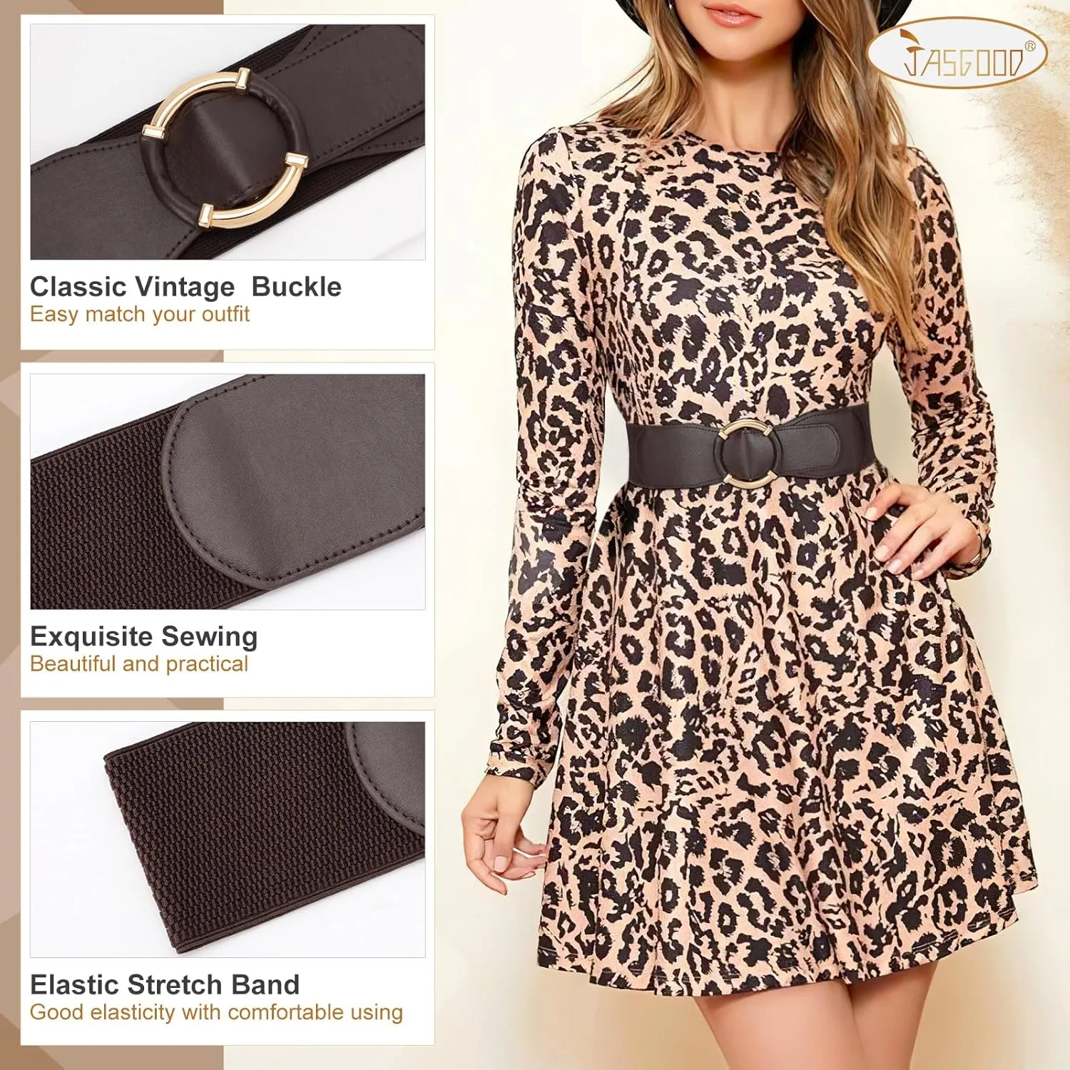 JASGOOD Women Wide Waist Belt Stretchy Elastic Vintage Belts for Dress Ladies Belt with Circle Buckle