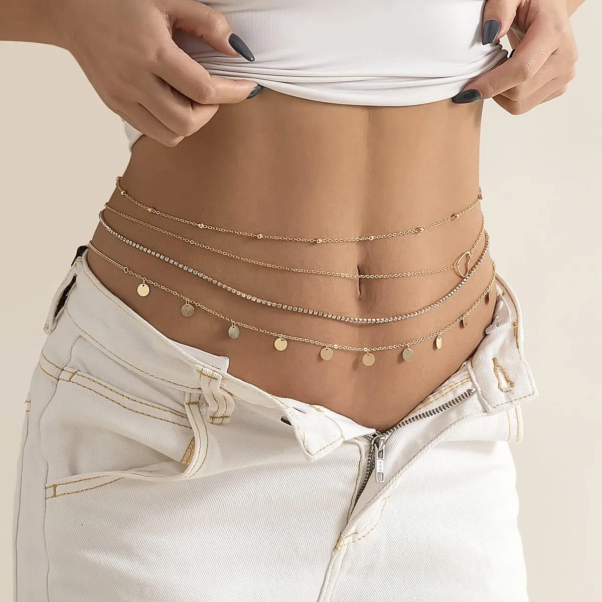 JFORYOU Waist Chain for Women Layered Belly Chain for The Waist Adjustable Waterproof Sexy Bikini Satellite Beads Chain Summer Non Tarnish Body Chain Jewelry for Women