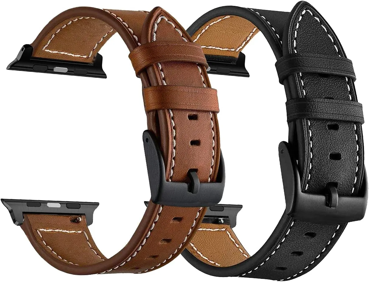 LDFAS Compatible for Apple Watch Series 10 Band 46mm, Leather Watch Strap Compatible for Apple Watch Ultra 2 49mm, Apple Watch Series 7/6 45mm Band,Brown Black (2 Pack)