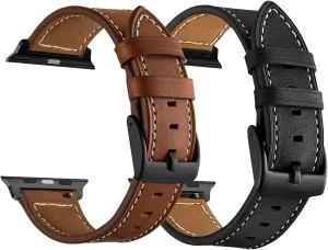 LDFAS Compatible for Apple Watch Series 10 Band 46mm, Leather Watch Strap Compatible for Apple Watch Ultra 2 49mm, Apple Watch Series 7/6 45mm Band,Brown Black (2 Pack)