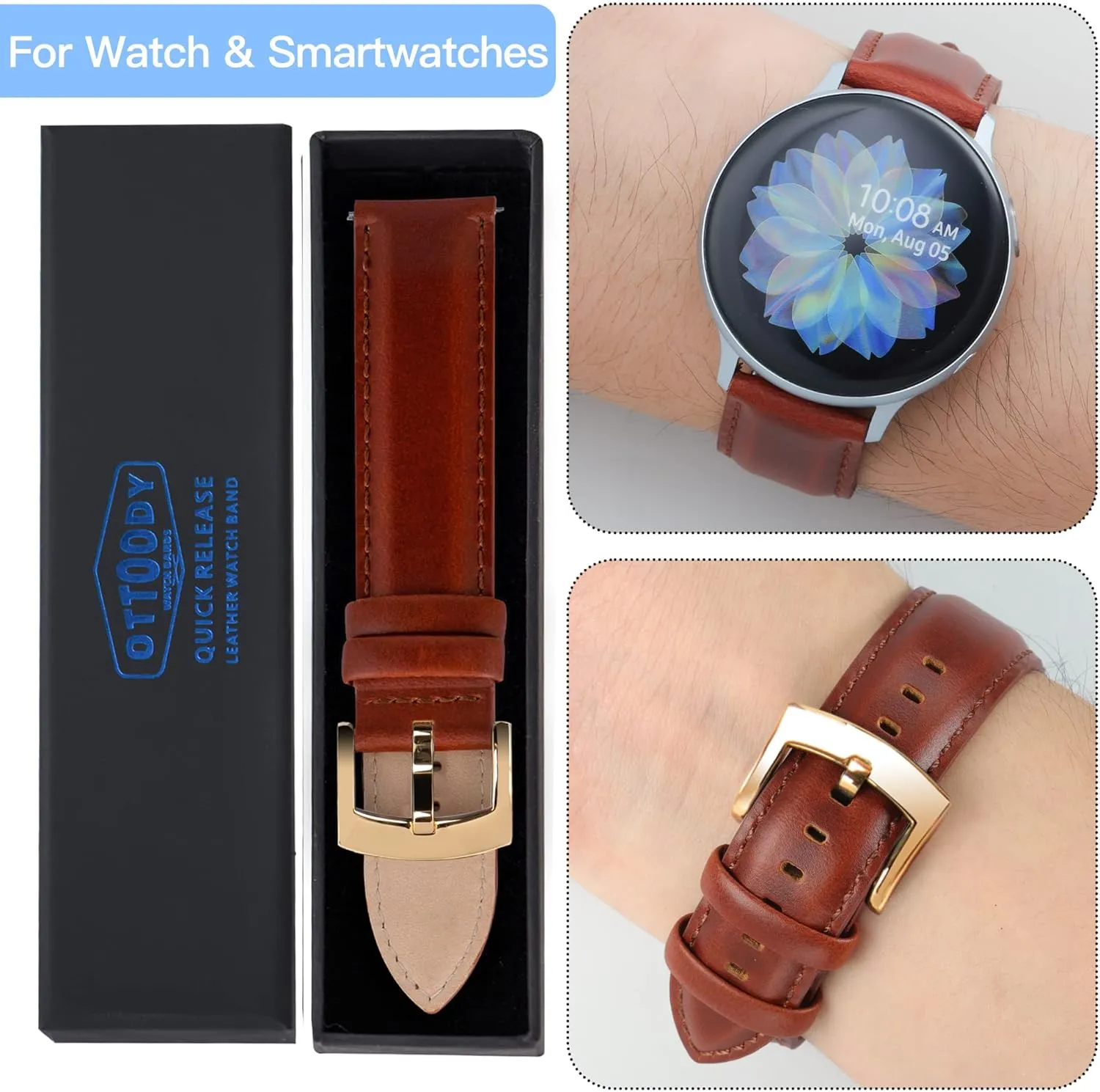 Leather Watch Bands Quick Release, Elegant Top Grain Leather Watch Straps for Men & Women, Choice of Color & Width - 18mm, 19mm, 20mm, 21mm or 22mm Wristbands Bracelet for Watch & Smartwatch
