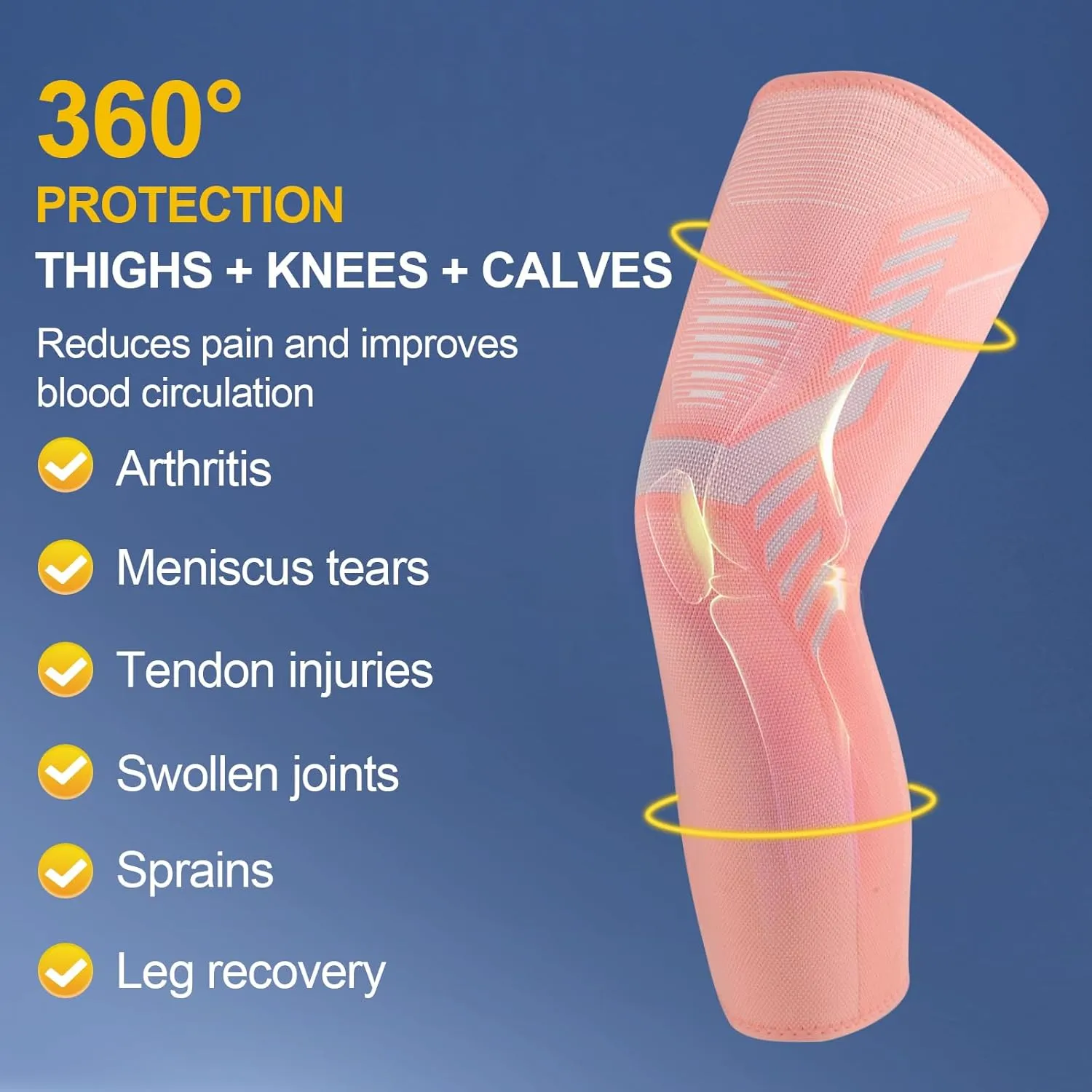 Leg Compression Sleeve 1 Pair Long Knee Braces for Women and Men Knee Support with Non Slip Silicone for Sports Running
