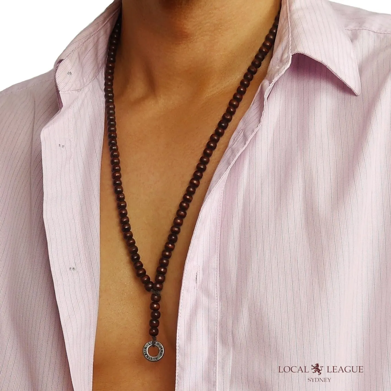 Mens Surfer Beaded Necklace - LIFEGUARD - Round Metal Pendant for Men, Boyfriend Wooden Bead Rosary Style Surf BEACH Party Vacation Clubbing, Brown/Black/Natural