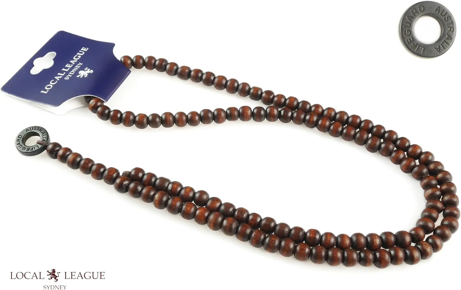 Mens Surfer Beaded Necklace - LIFEGUARD - Round Metal Pendant for Men, Boyfriend Wooden Bead Rosary Style Surf BEACH Party Vacation Clubbing, Brown/Black/Natural
