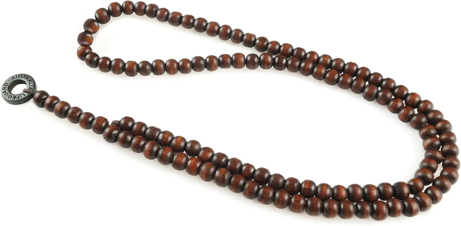 Mens Surfer Beaded Necklace - LIFEGUARD - Round Metal Pendant for Men, Boyfriend Wooden Bead Rosary Style Surf BEACH Party Vacation Clubbing, Brown/Black/Natural
