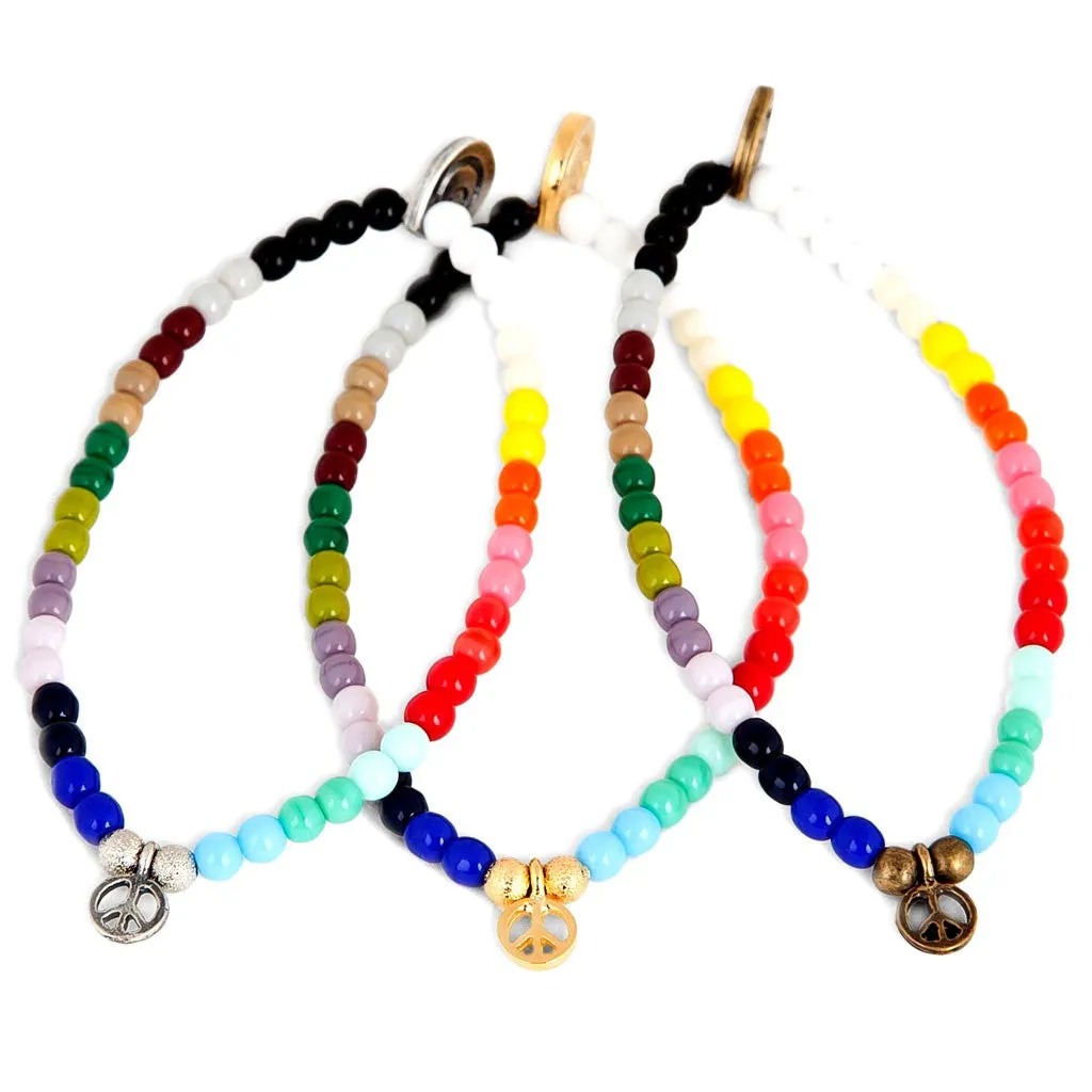 Mini Peace Symbol Charm Rainbow Glass Bead Bracelet