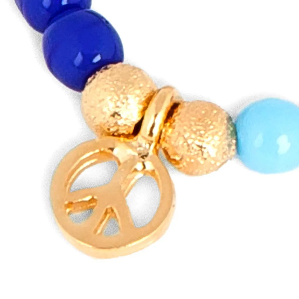 Mini Peace Symbol Charm Rainbow Glass Bead Bracelet