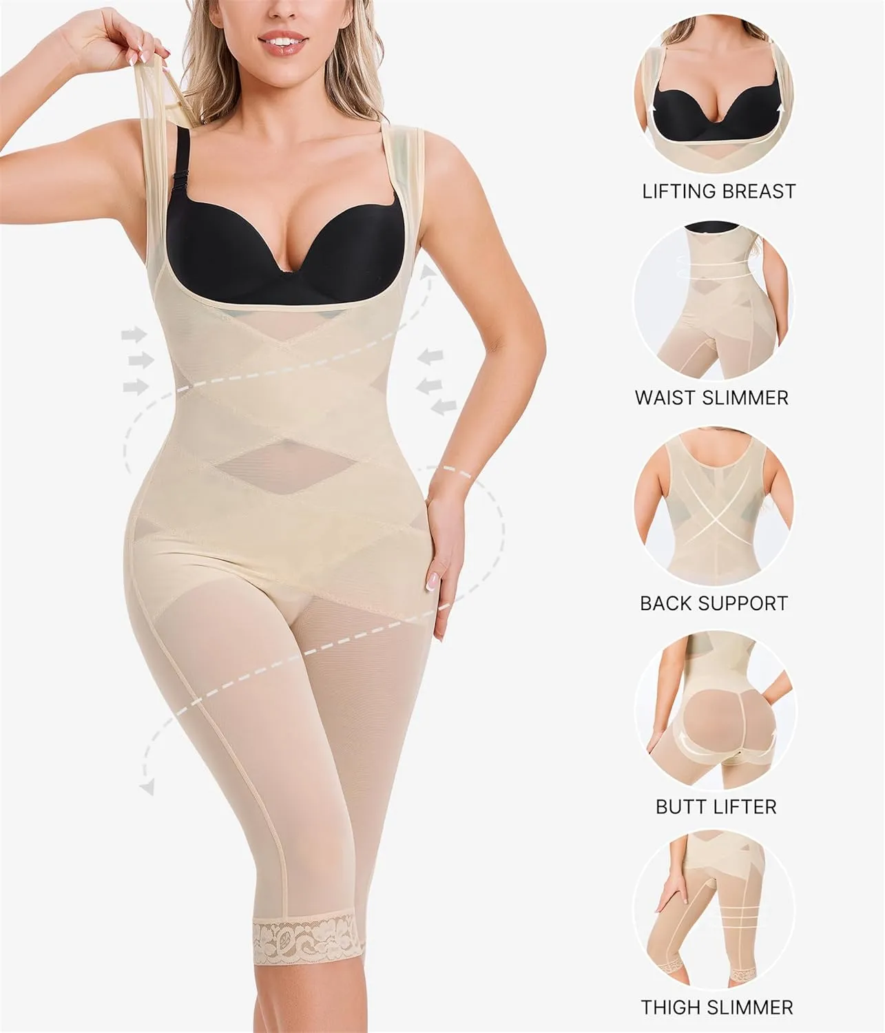 Nebility Bodysuit for Women Tummy Control Shapewear Faja Body Shaper Waist Trainer Open Bust Mid-Thigh Bodysuit